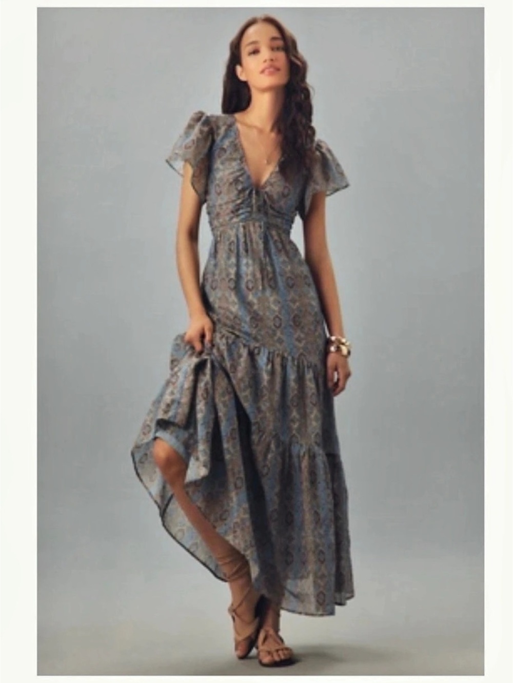 Paige Tiered Ruffle Flutter-Sleeve Dress Blue & Brown